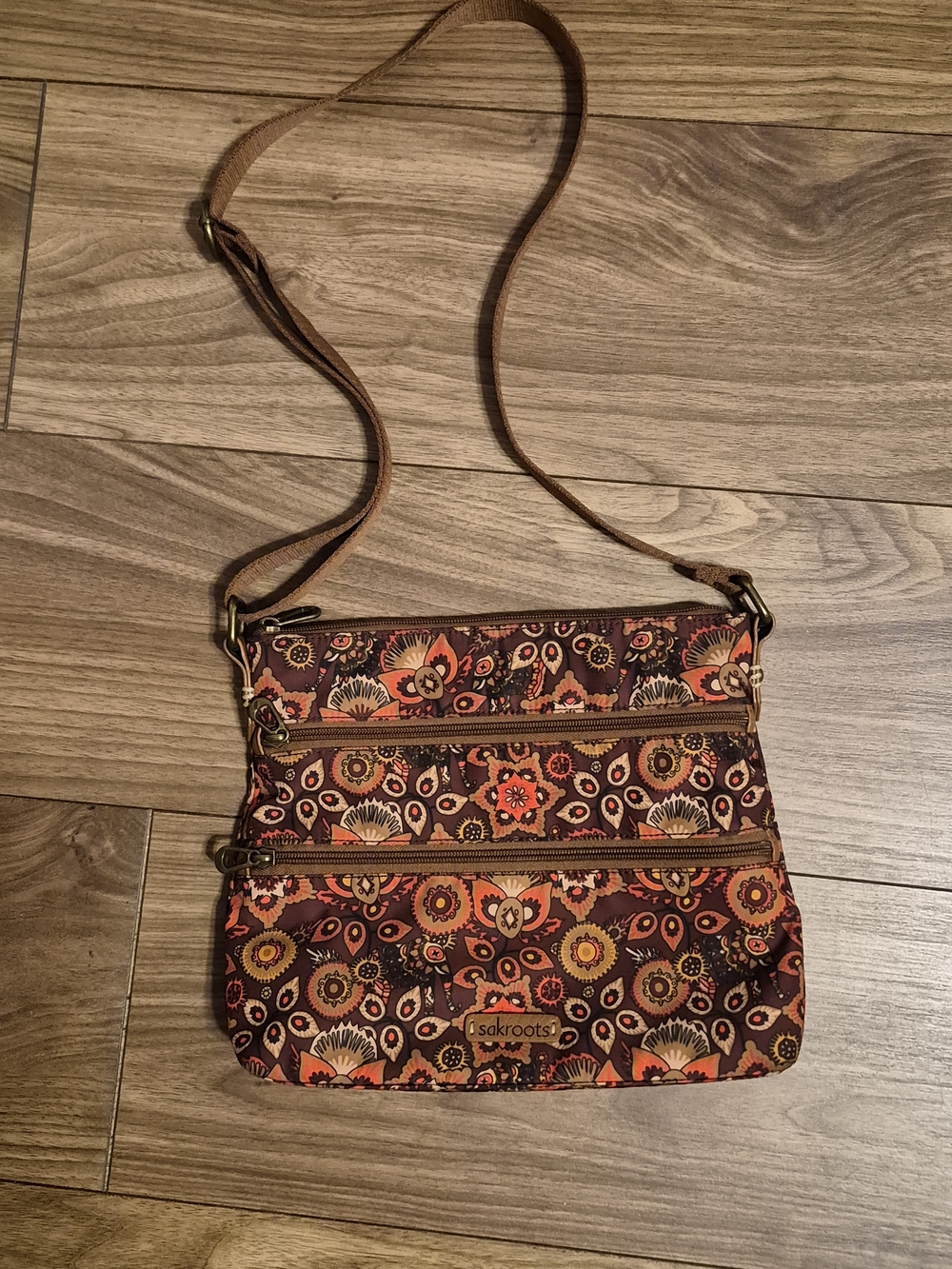 Sakroots Brown & Orange Artists Circle Floral Crossbody with Adjustable Strap